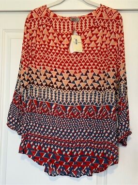 Lucky Brand Red Navy Cream Geometric Print Top
